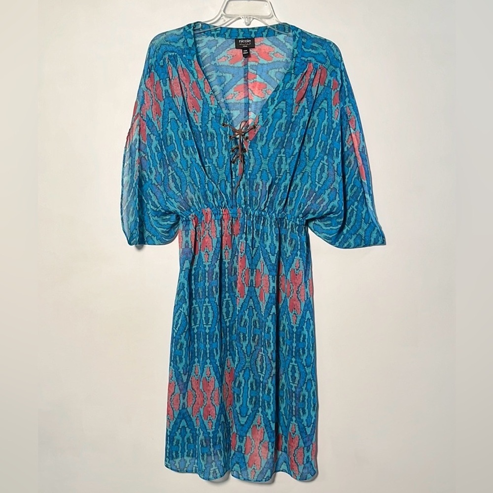NICOLE MILLER Boho Resort Party Ethnic Print V-Neck Kimono SLV Lace Up Midi 14W